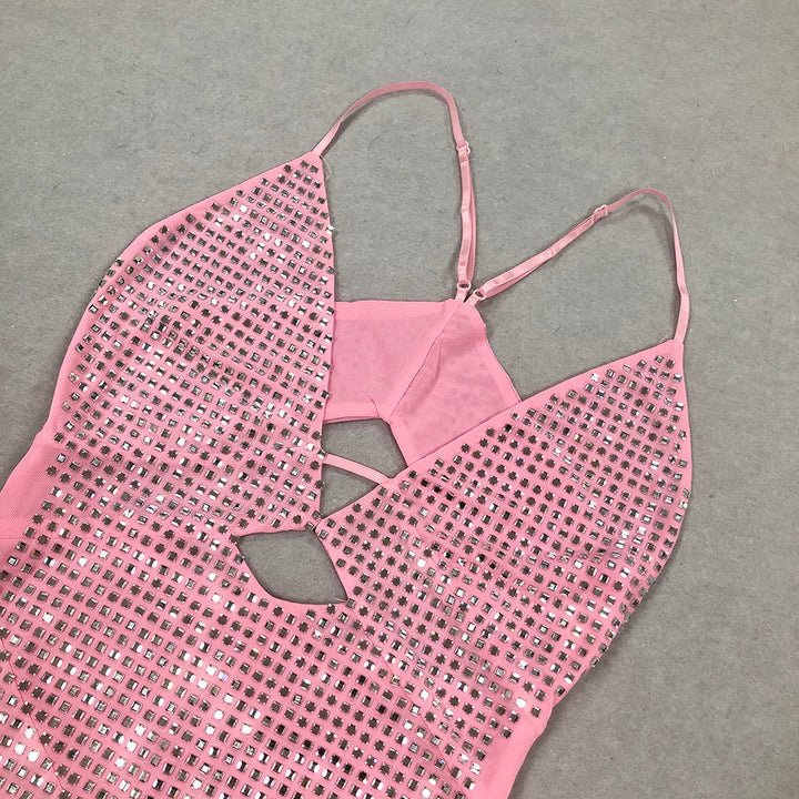 Deep V Rhinestone Cutout Bodycon Maxi Dress by Shine | Party dresses from Luxe Lane | SKU: -5 | Barcode:  | Options: Black XS(4) | Oem Womens Fashion Clothes Manufacturer Pink Deep V Neck Rhinestone Cutout Bodycon Maxi Evening Dresses