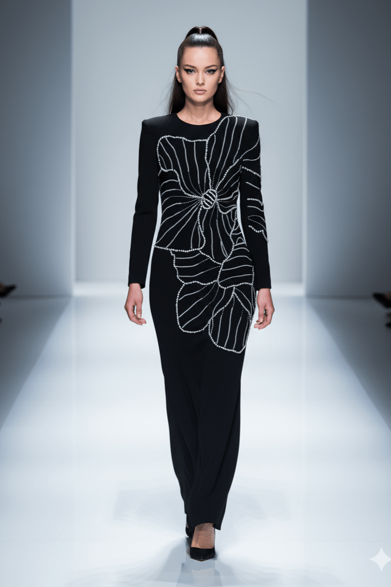 Diamara Beaded Diamond Formal Gown by Luxe Lane | from Luxe Lane | SKU:  | Barcode:  | Options: Black S | Model wearing a black dress with white floral patterns on a runway.