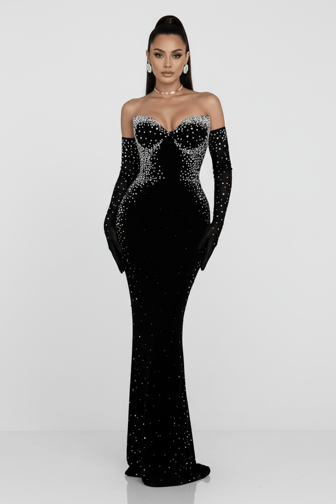 Diamond Beaded Formal Maxi Evening Dress by Shine | Dresses from Luxe Lane | SKU: -1 | Barcode:  | Options: Black S(6) | Diamond Beaded Formal Maxi Evening Dress
