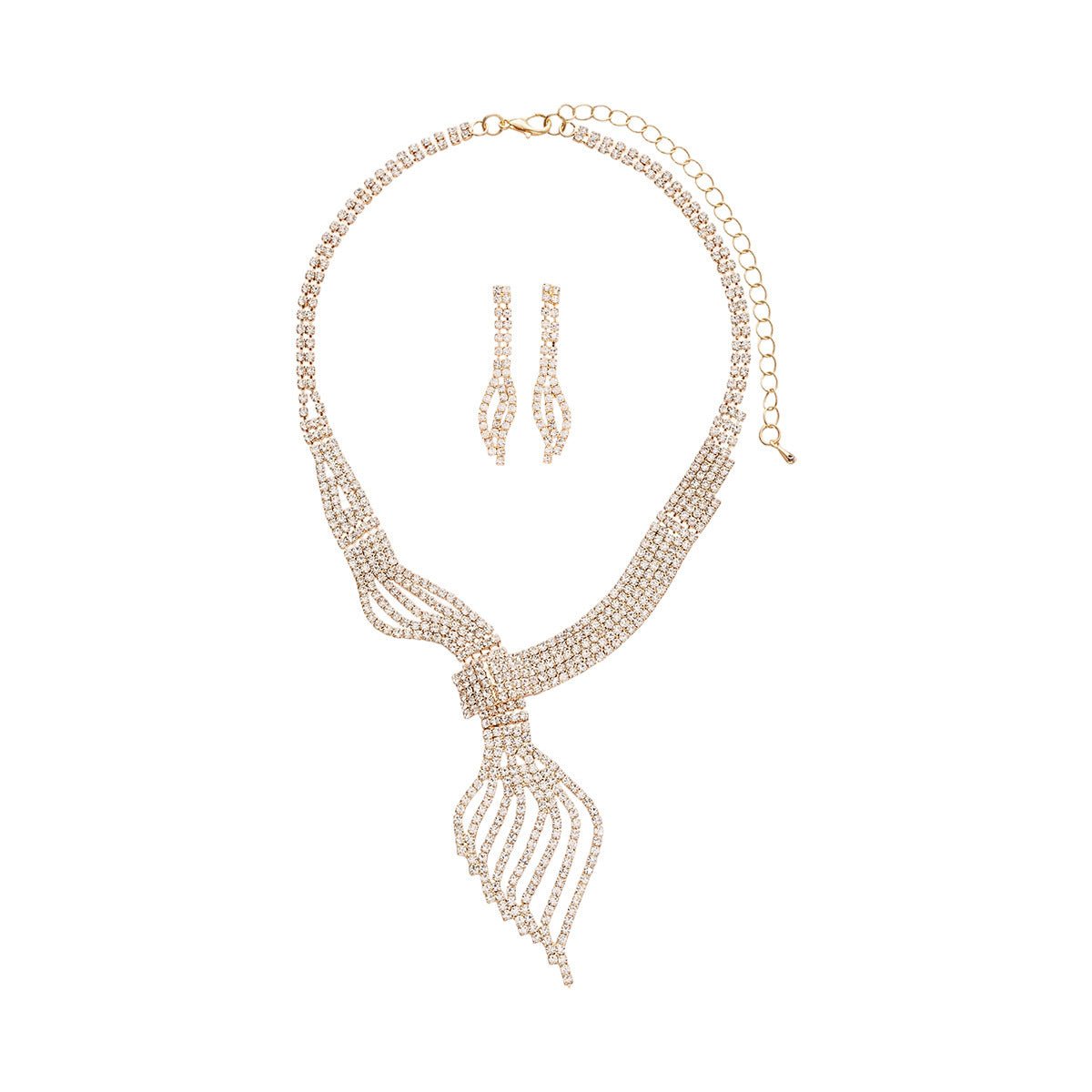 Diamond Clavicle Chain Necklace & Earrings Set by CJ | 0 from Luxe Lane | SKU: CJLX246770501AZ | Barcode:  | Options: Gold | Rose gold necklace and earrings set on a white background
