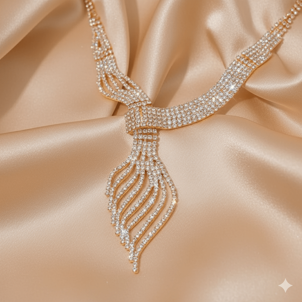 Diamond Clavicle Chain Necklace & Earrings Set by CJ | 0 from Luxe Lane | SKU: CJLX246770501AZ | Barcode:  | Options: Gold | Elegant diamond necklace on a satin background