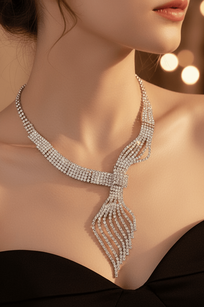 Diamond Clavicle Chain Necklace & Earrings Set by CJ | 0 from Luxe Lane | SKU: CJLX246770501AZ | Barcode:  | Options: Gold | Elegant diamond necklace on a model with blurred lights in the background