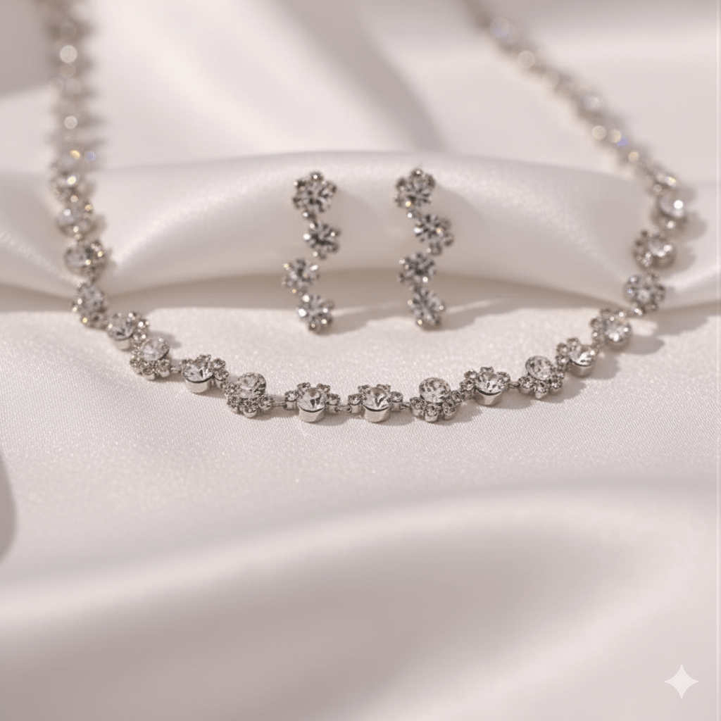 Diamond Earrings & Necklace Set for Brides by CJ | 0 from Luxe Lane | SKU: CJZBHLXN00400-default | Barcode:  | Options: | Diamond Earrings & Necklace Set for Brides