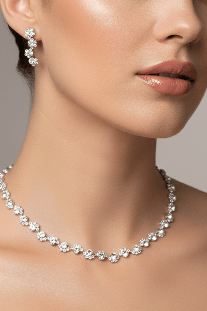 Diamond Earrings & Necklace Set for Brides by CJ | 0 from Luxe Lane | SKU: CJZBHLXN00400-default | Barcode:  | Options: | Close - up of a woman wearing a silver necklace and earrings on a neutral background