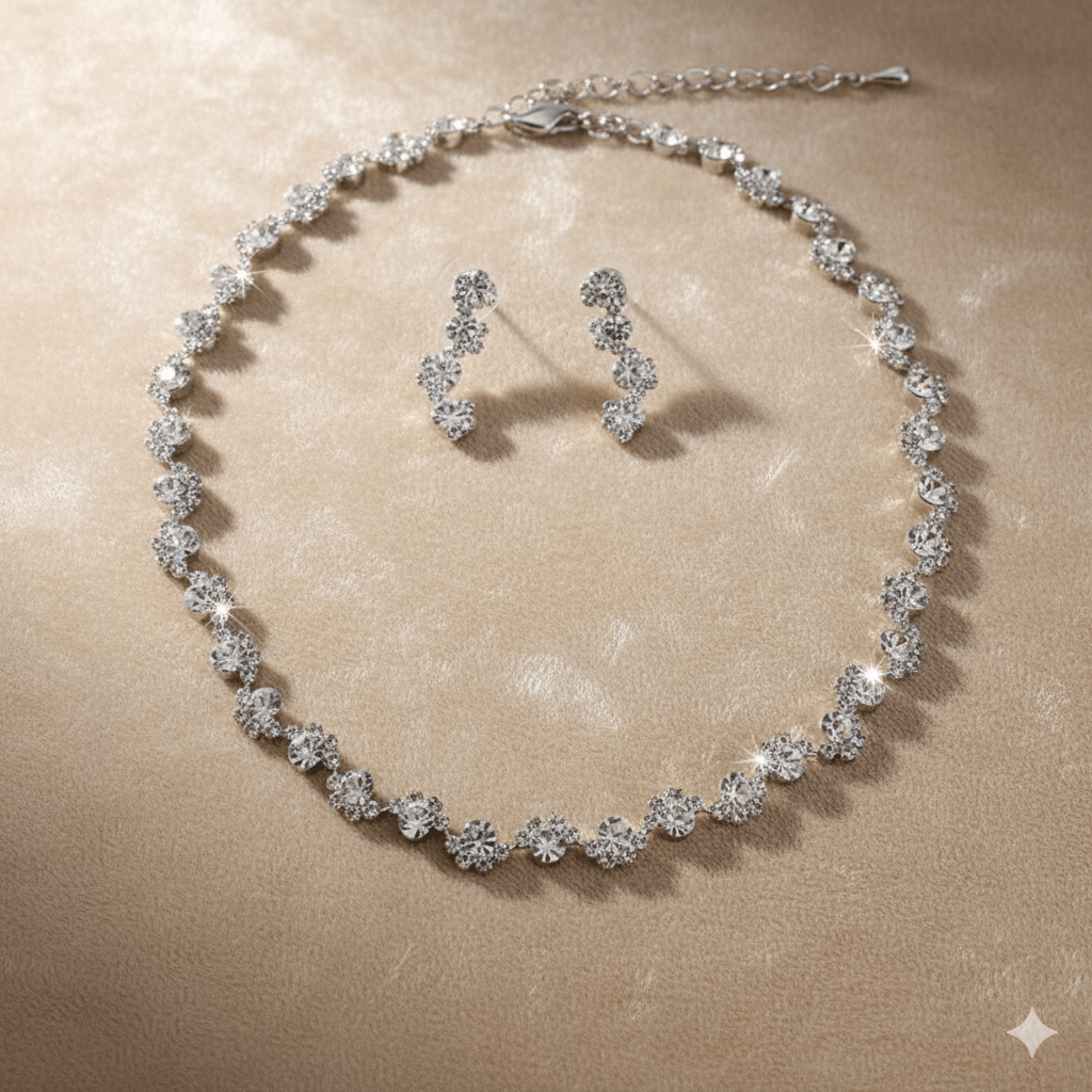 Diamond Earrings & Necklace Set for Brides by CJ | 0 from Luxe Lane | SKU: CJZBHLXN00400-default | Barcode:  | Options: | Silver necklace and earrings set on a beige background