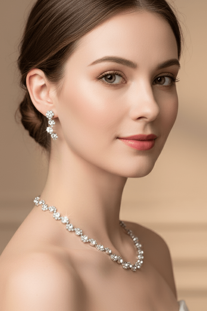 Diamond Earrings & Necklace Set for Brides by CJ | 0 from Luxe Lane | SKU: CJZBHLXN00400-default | Barcode:  | Options: | Diamond Earrings & Necklace Set for Brides