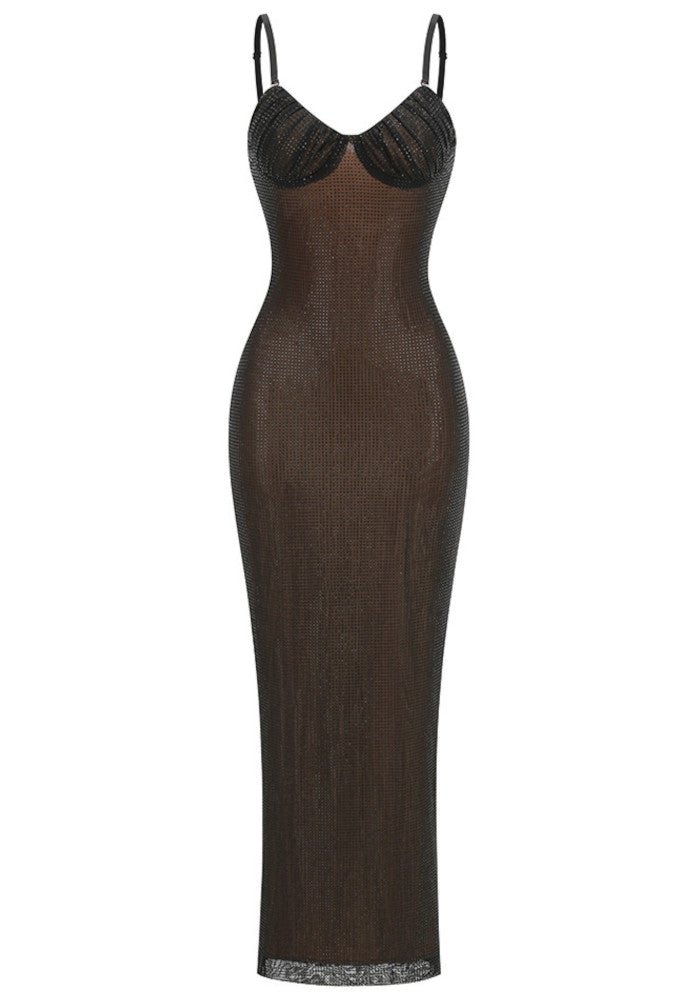 Diamond Mesh Bodycon Maxi Evening Dresssheath gownBrownS(6)Luxe Lane