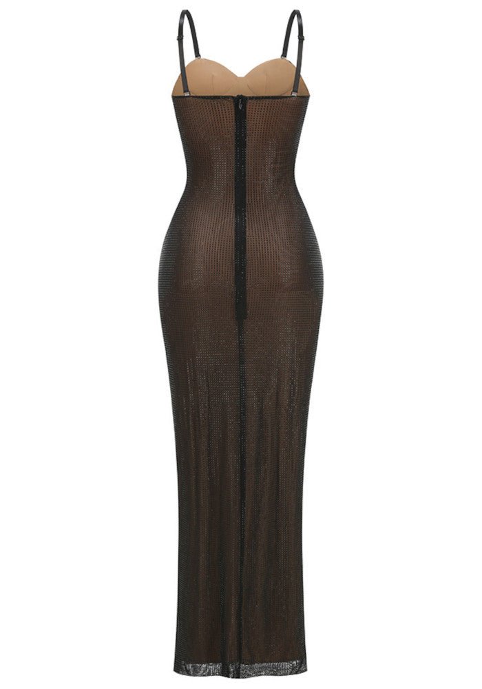 Diamond Mesh Bodycon Maxi Evening Dresssheath gownBrownS(6)Luxe Lane