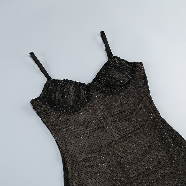 Diamond Mesh Bodycon Maxi Evening Dresssheath gownBrownS(6)Luxe Lane