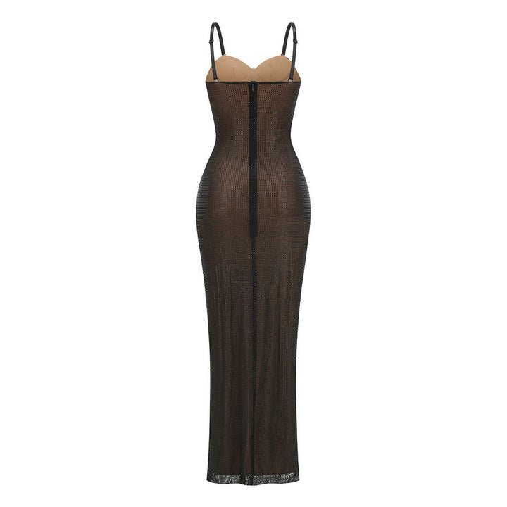 Diamond Mesh Bodycon Maxi Evening Dresssheath gownBrownS(6)Luxe Lane