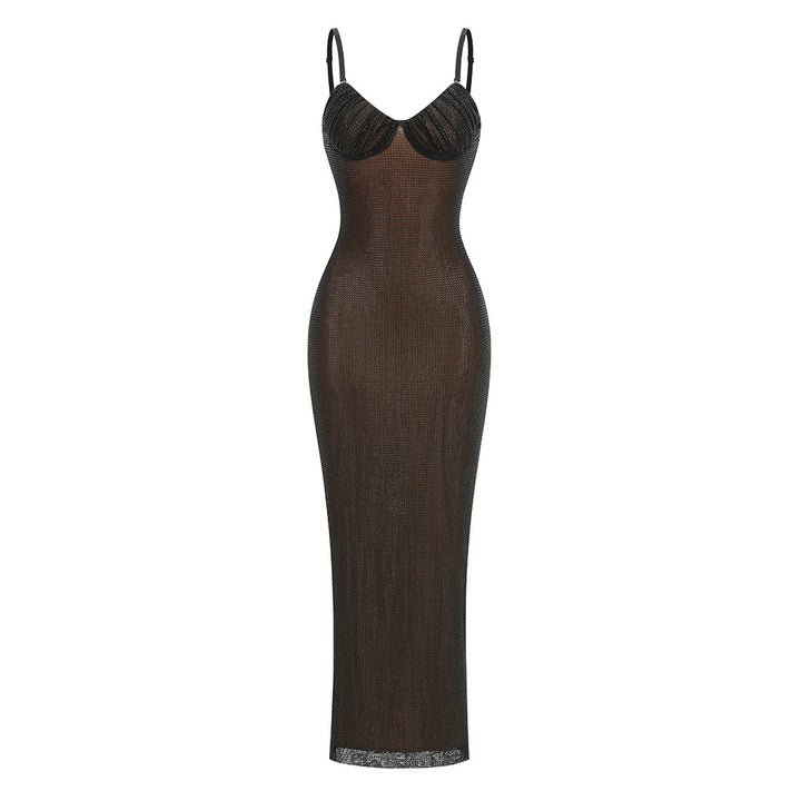 Diamond Mesh Bodycon Maxi Evening Dresssheath gownBrownS(6)Luxe Lane