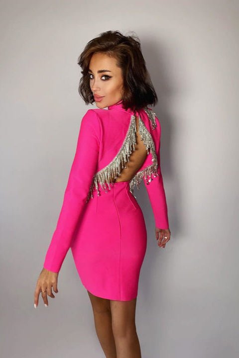 Diamond Tassel Long Sleeve Bodycon Dress by Luxe Lane | Mini gown from Luxe Lane | SKU:  | Barcode:  | Options: Fuchsia XS | Winter Clothes for Women Bandage Prom Dresses Diamond Tassel Long Sleeve Bodycon Dress
