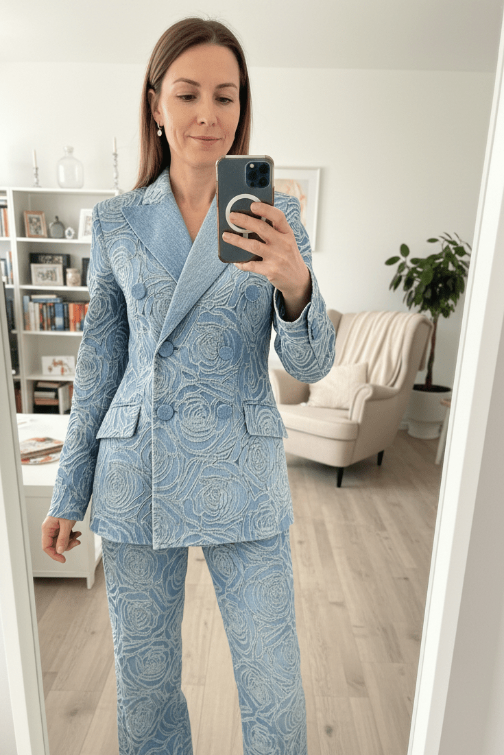 Double - Breasted Denim Blazer & Flare Trousers Pantsuit+Denim BlueS(6)Luxe Lane