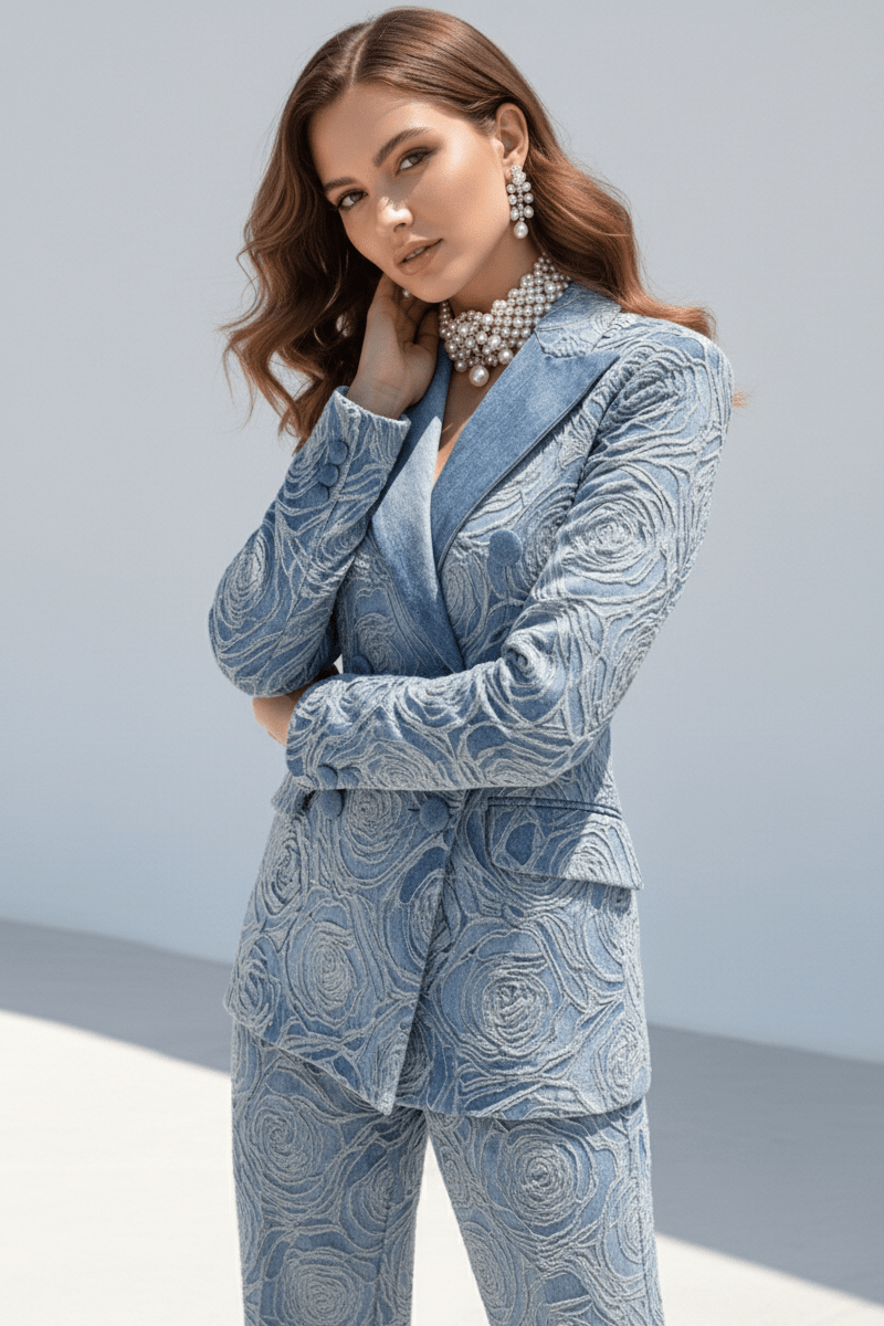 Double - Breasted Denim Blazer & Flare Trousers Pantsuit+Denim BlueS(6)Luxe Lane