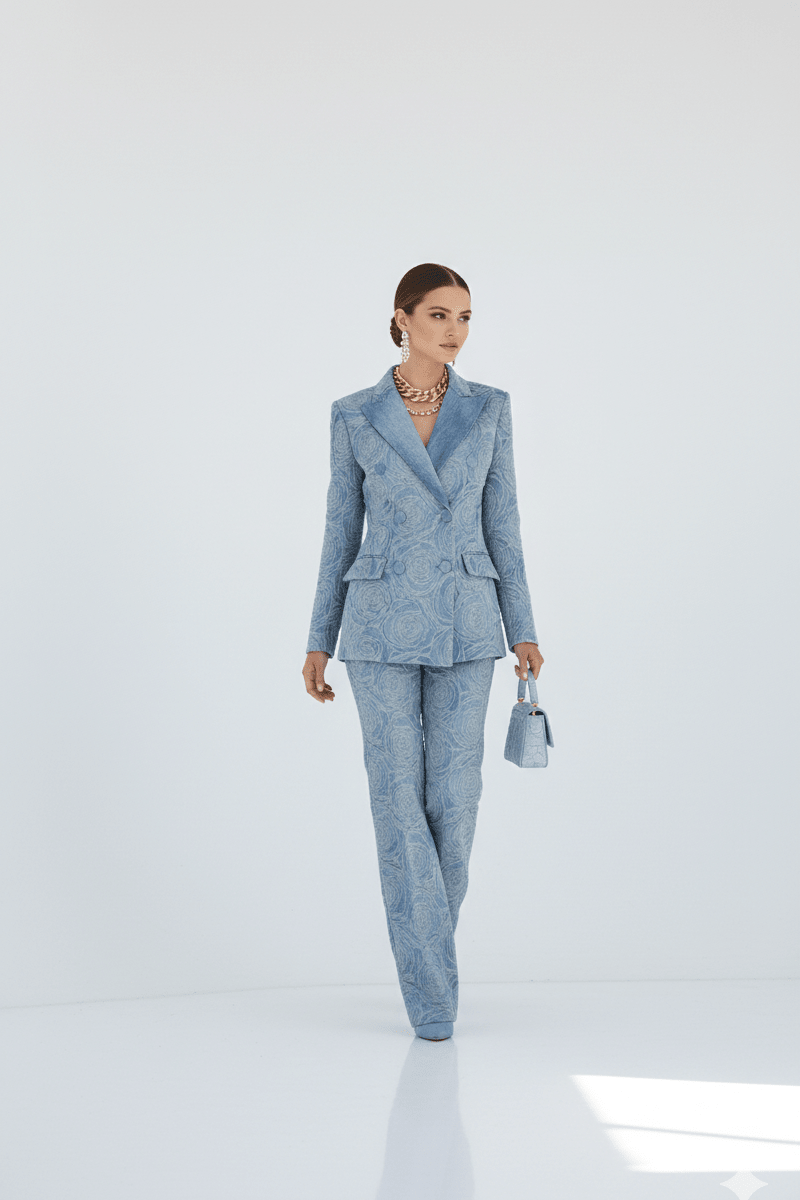 Double - Breasted Denim Blazer & Flare Trousers Pantsuit+Denim BlueS(6)Luxe Lane
