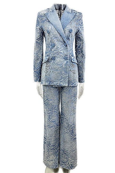 Double - Breasted Denim Blazer & Flare Trousers Pantsuit+Denim BlueS(6)Luxe Lane