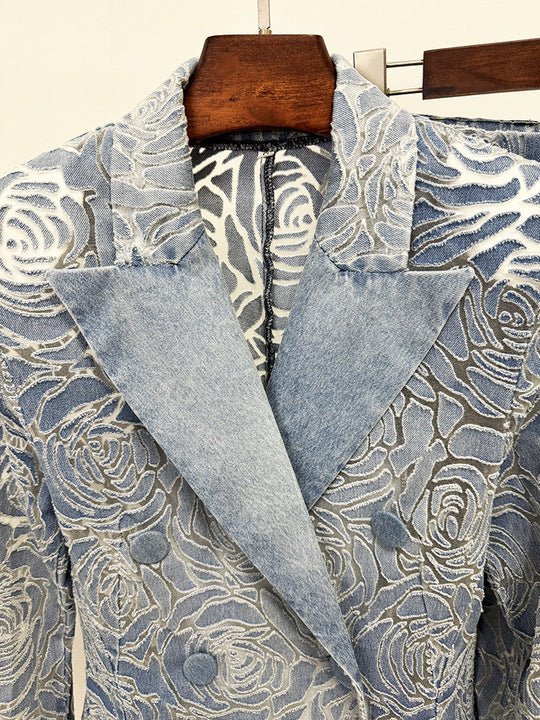 Double - Breasted Denim Blazer & Flare Trousers Pantsuit+Denim BlueS(6)Luxe Lane