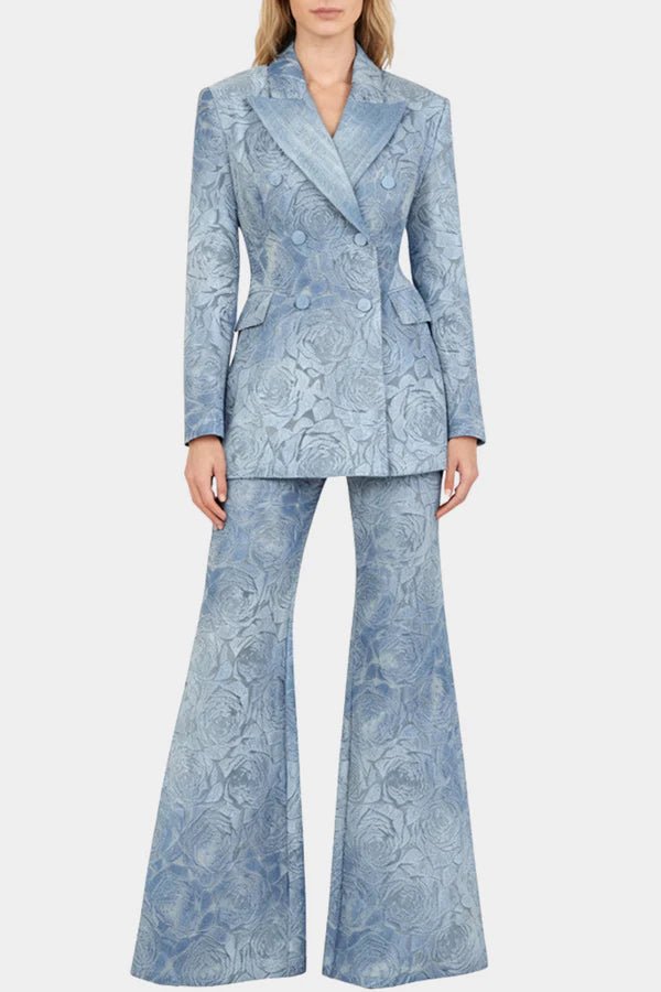 Double - Breasted Denim Blazer & Flare Trousers Pantsuit+Denim BlueS(6)Luxe Lane