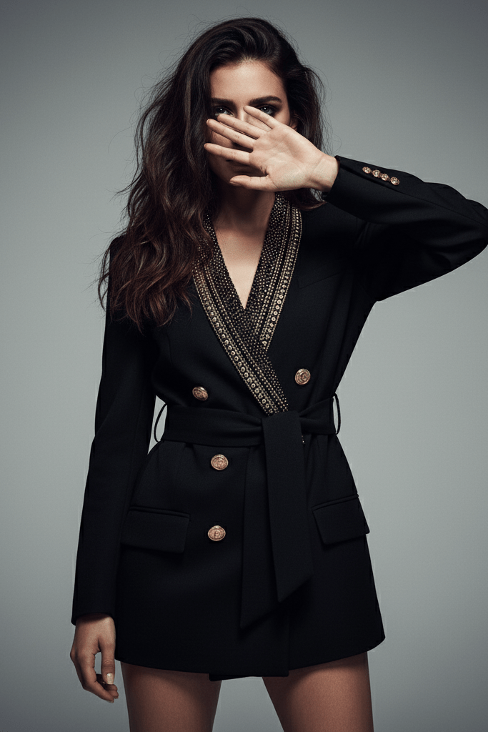 Double - Breasted Long Formal Blazer by Luxe Lane | Blazer from Luxe Lane | SKU: W11226-1 | Barcode:  | Options: Black S(6) | Double - Breasted Long Formal Blazer