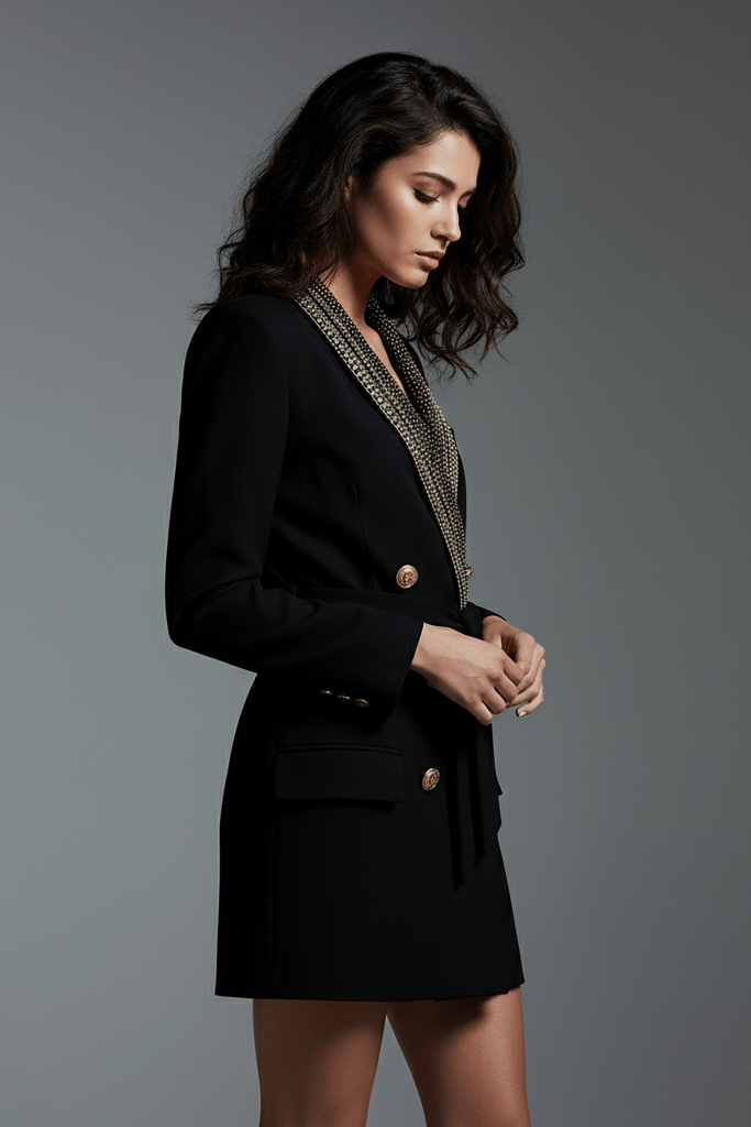 Double - Breasted Long Formal Blazer by Luxe Lane | Blazer from Luxe Lane | SKU: W11226-1 | Barcode:  | Options: Black S(6) | Double - Breasted Long Formal Blazer