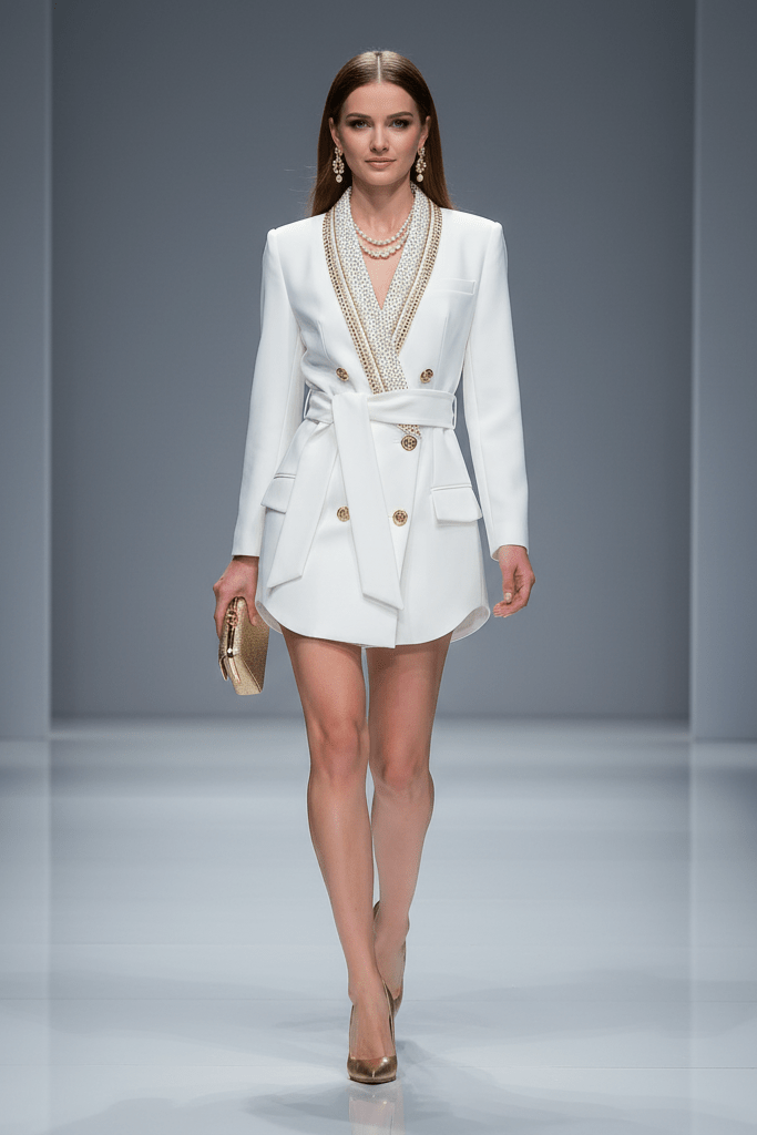 Double - Breasted Long Formal Blazer by Luxe Lane | Blazer from Luxe Lane | SKU: W11226-7 | Barcode:  | Options: White S(6) | Double - Breasted Long Formal Blazer