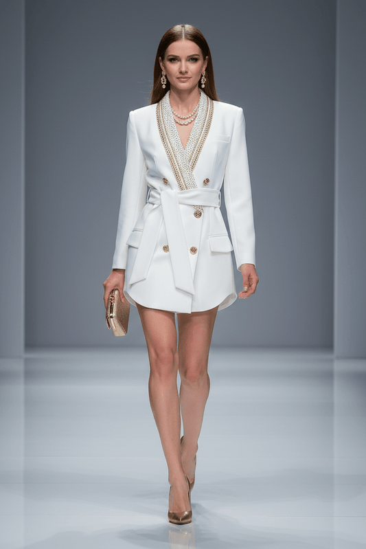 Double - Breasted Long Formal Blazer by Luxe Lane | Blazer from Luxe Lane | SKU: W11226-7 | Barcode:  | Options: White S(6) | Double - Breasted Long Formal Blazer