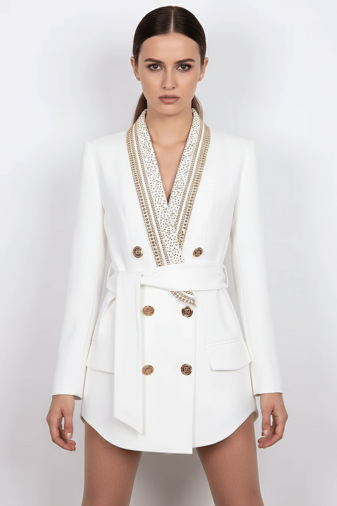 Double - Breasted Long Formal Blazer by Luxe Lane | Blazer from Luxe Lane | SKU: W11226-7 | Barcode:  | Options: White S(6) | Double - Breasted Long Formal Blazer