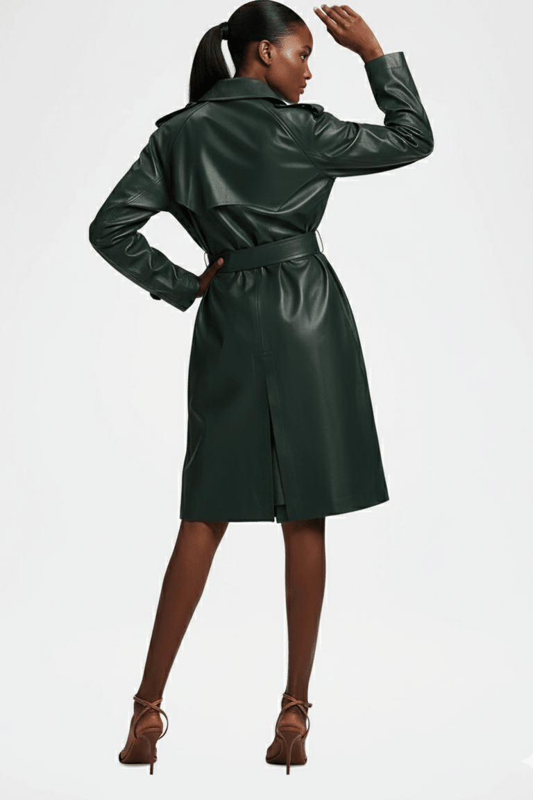 Double - Breasted PU Leather Belted Trench CoatTrenchBlackS(6)blueLuxe Lane