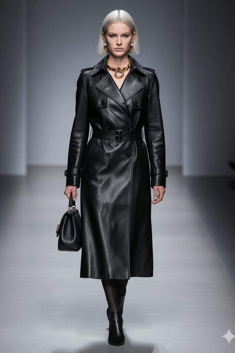 Double - Breasted PU Leather Belted Trench CoatTrenchBlackS(6)blueLuxe Lane