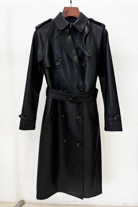 Double - Breasted PU Leather Belted Trench CoatTrenchBlackS(6)blueLuxe Lane