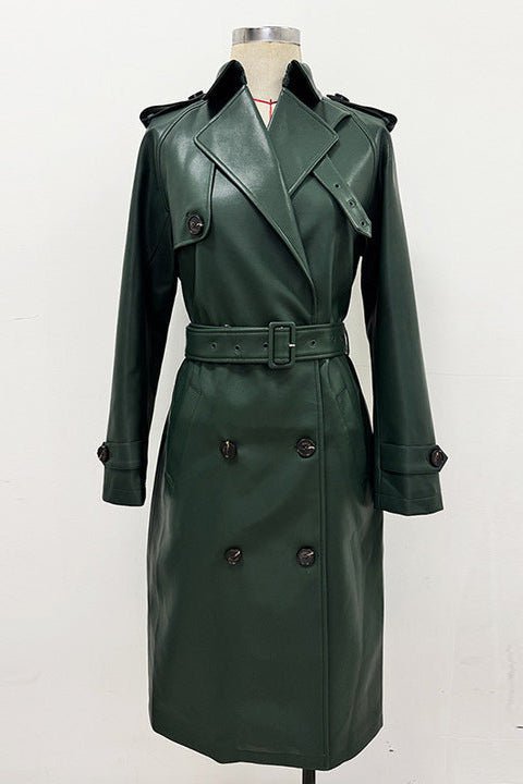 Double - Breasted PU Leather Belted Trench CoatTrenchBlackS(6)blueLuxe Lane