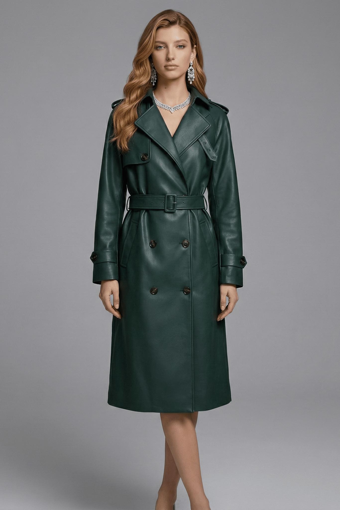 Double - Breasted PU Leather Belted Trench CoatTrenchMail greenS(6)blueLuxe Lane