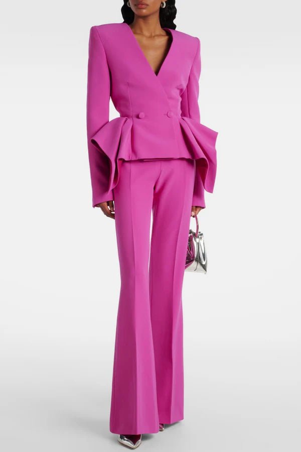 Double Breasted Ruffle Blazer & Wide Leg Pants Set by Luxe Lane | Blazer from Luxe Lane | SKU: -1 | Barcode:  | Options: Pink S(2) | Person wearing a bright pink suit with a white background