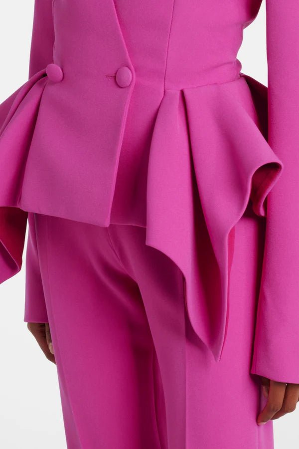 Double Breasted Ruffle Blazer & Wide Leg Pants Set by Luxe Lane | Blazer from Luxe Lane | SKU: -1 | Barcode:  | Options: Pink S(2) | Double Breasted Ruffle Blazer & Wide Leg Pants Set