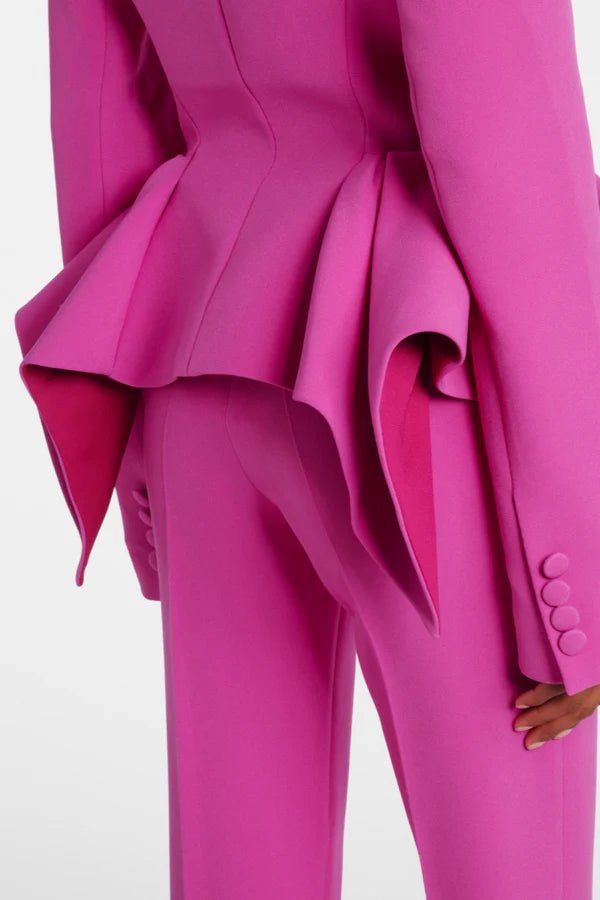 Double Breasted Ruffle Blazer & Wide Leg Pants Set by Luxe Lane | Blazer from Luxe Lane | SKU: -1 | Barcode:  | Options: Pink S(2) | Double Breasted Ruffle Blazer & Wide Leg Pants Set