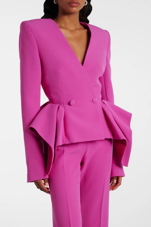 Double Breasted Ruffle Blazer & Wide Leg Pants Set by Luxe Lane | Blazer from Luxe Lane | SKU: -1 | Barcode:  | Options: Pink S(2) | Double Breasted Ruffle Blazer & Wide Leg Pants Set