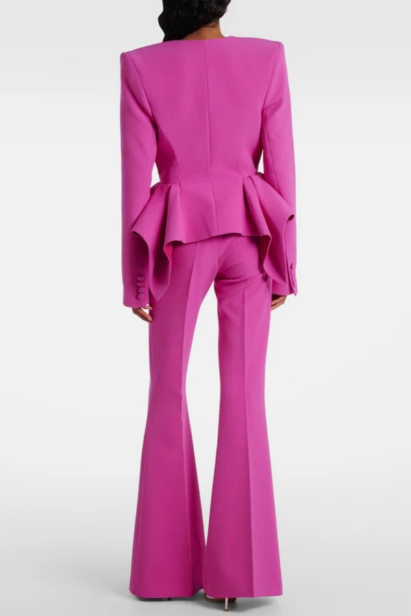 Double Breasted Ruffle Blazer & Wide Leg Pants Set by Luxe Lane | Blazer from Luxe Lane | SKU: -1 | Barcode:  | Options: Pink S(2) | Pink peplum suit on a white background