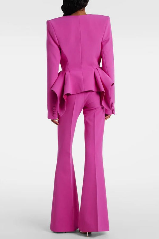 Double Breasted Ruffle Blazer & Wide Leg Pants Set by Luxe Lane | Blazer from Luxe Lane | SKU: -1 | Barcode:  | Options: Pink S(2) | Pink peplum suit on a white background