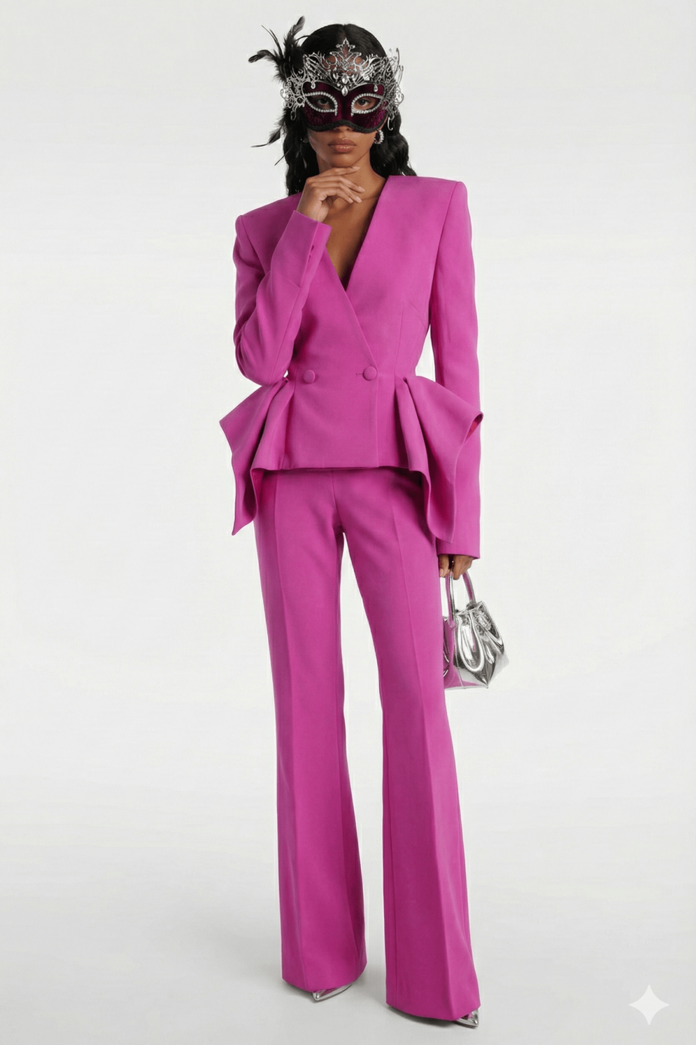 Double Breasted Ruffle Blazer & Wide Leg Pants Set by Luxe Lane | Blazer from Luxe Lane | SKU: -1 | Barcode:  | Options: Pink S(2) | Person wearing a bright pink suit with a matching mask on a white background