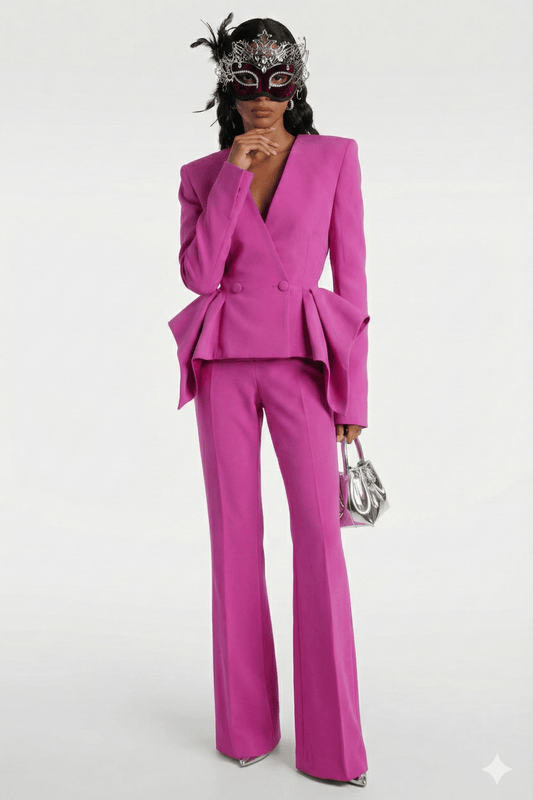 Double Breasted Ruffle Blazer & Wide Leg Pants Set by Luxe Lane | Blazer from Luxe Lane | SKU: -1 | Barcode:  | Options: Pink S(2) | Person wearing a bright pink suit with a matching mask on a white background