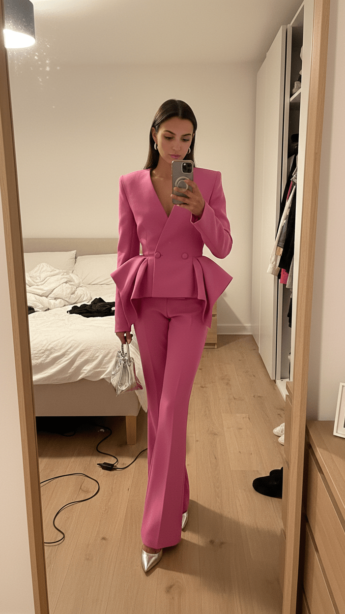 Double Breasted Ruffle Blazer & Wide Leg Pants SetBlazerPinkS(2)Luxe Lane