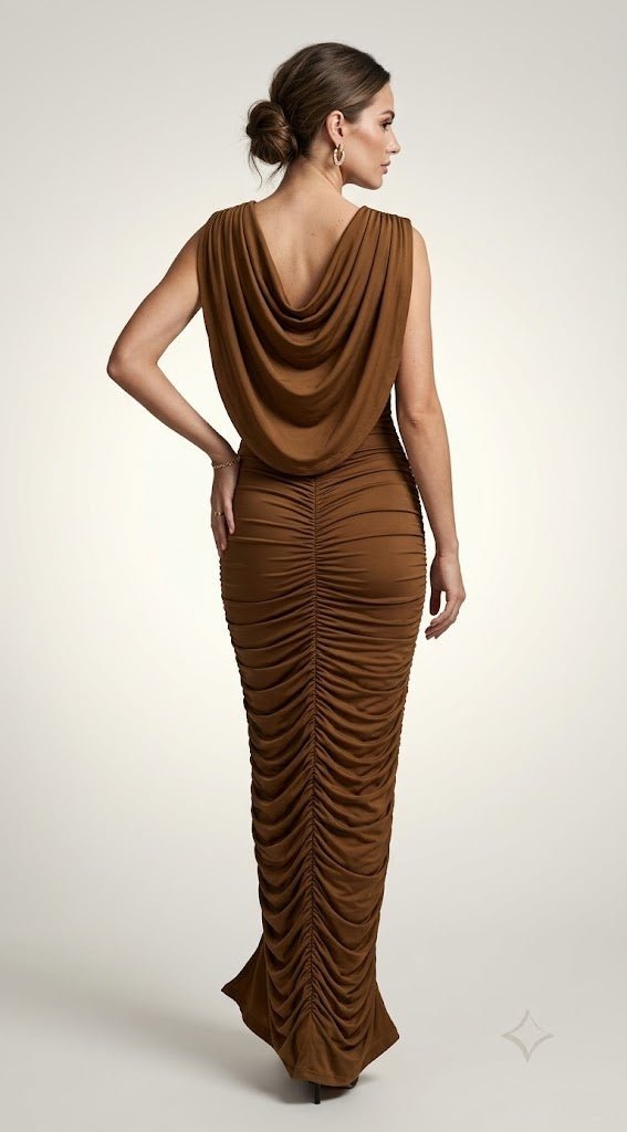 Draped Cowl Neck Maxi DressParty DressesBrownS(2)Luxe Lane