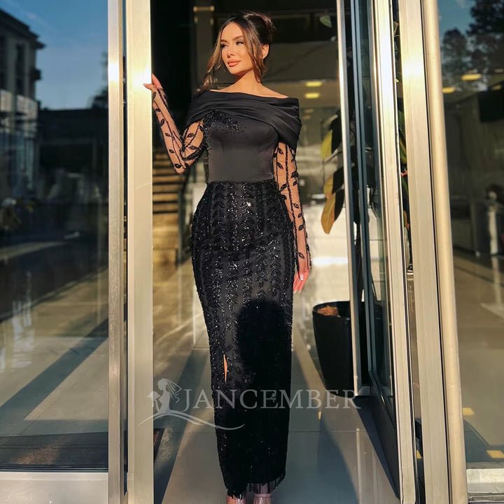 Dubai Off - Shoulder Long Sleeve Evening GownEvening DressBlack2(UK 6)Luxe Lane