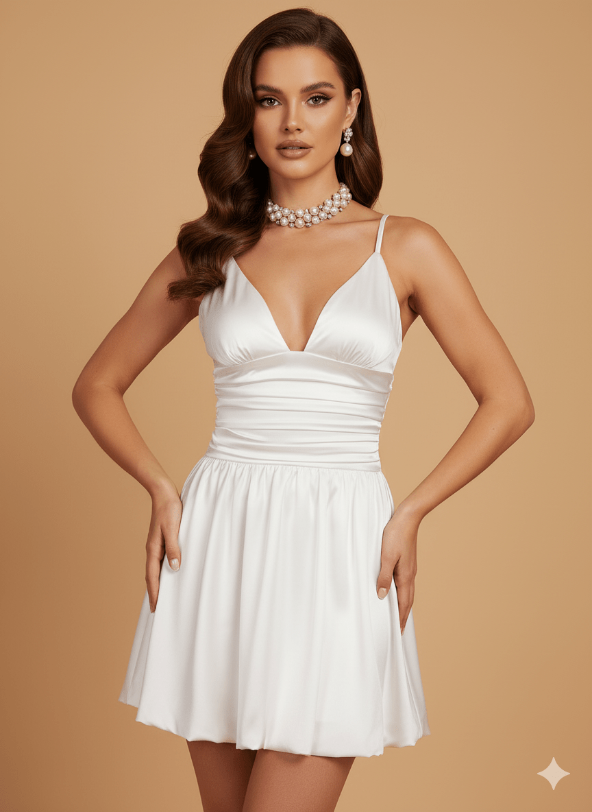 Eclat Satin Puff Mini Dress by Luxe Lane | from Luxe Lane | SKU:  | Barcode:  | Options: White XS | Eclat Satin Puff Mini Dress