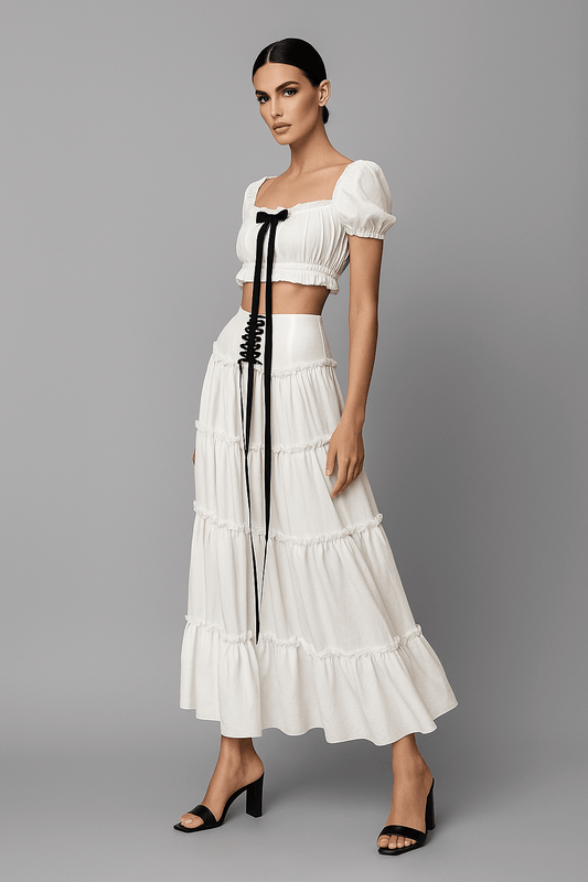 Elan Blanche Ruffle Set by Shine | one set from Luxe Lane | SKU:  | Barcode:  | Options: White XS | Elan Blanche Ruffle Set