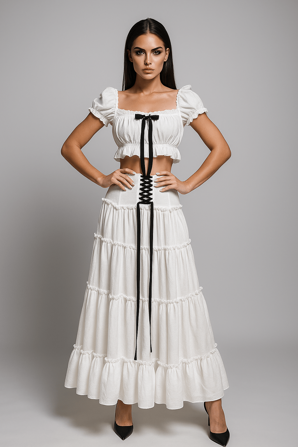 Elan Blanche Ruffle Set by Shine | one set from Luxe Lane | SKU:  | Barcode:  | Options: White XS | Elan Blanche Ruffle Set