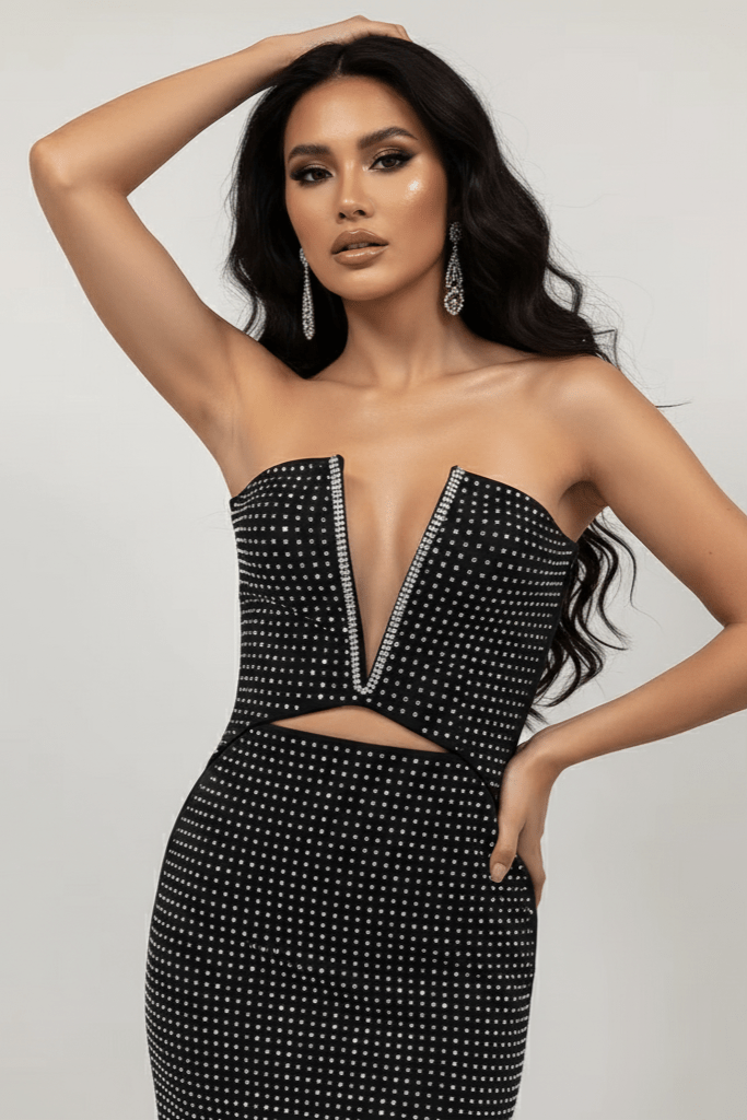 Elara Beaded Strapless Black Bandage Gown by Luxe Lane | from Luxe Lane | SKU:  | Barcode:  | Options: Black L | Elara Beaded Strapless Black Bandage Gown