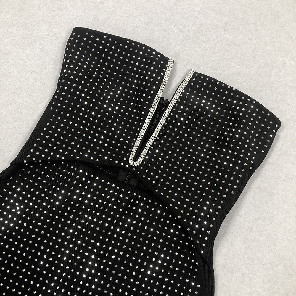 Elara Beaded Strapless Black Bandage Gown by Luxe Lane | from Luxe Lane | SKU:  | Barcode:  | Options: Black L | Wholesale New Style Sleeveless Strapless Black Beaded Bandage Dress Rhinestone Summer Wear Long Party Dress