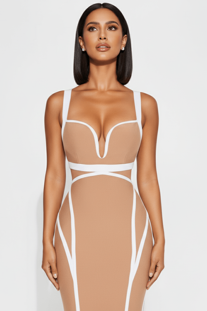 Elara Deep V Bandage Midi Dress by Shine | Party dresses from Luxe Lane | SKU:  | Barcode:  | Options: Skin color XS | Woman wearing a beige dress with white cut - out details on a plain background