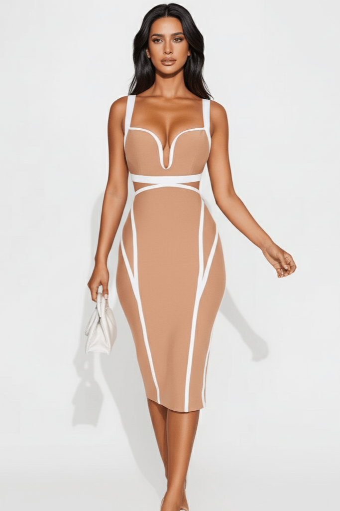 Elara Deep V Bandage Midi Dress by Shine | Party dresses from Luxe Lane | SKU:  | Barcode:  | Options: Skin color XS | Elara Deep V Bandage Midi Dress